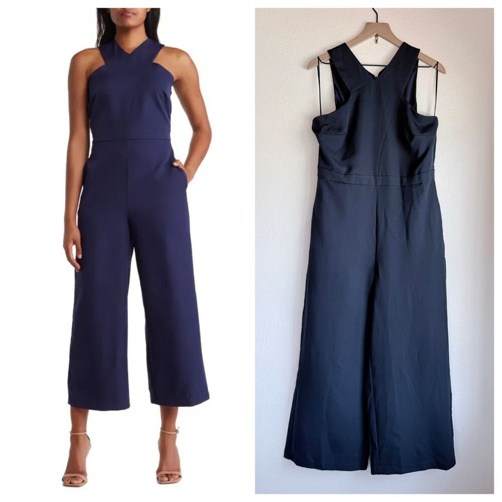 Sam Edelman NWOT Crisscross Halter Neck Wide Leg Crop Jumpsuit Size 12 Navy